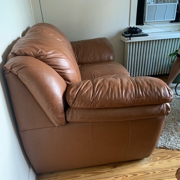 2 Burnt orange/brown leather love seats 37 x 74
